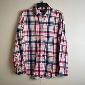 Lands End Womens Small 6-8 Plaid Flannel Shirt Long Sleeve Cotton Button Down